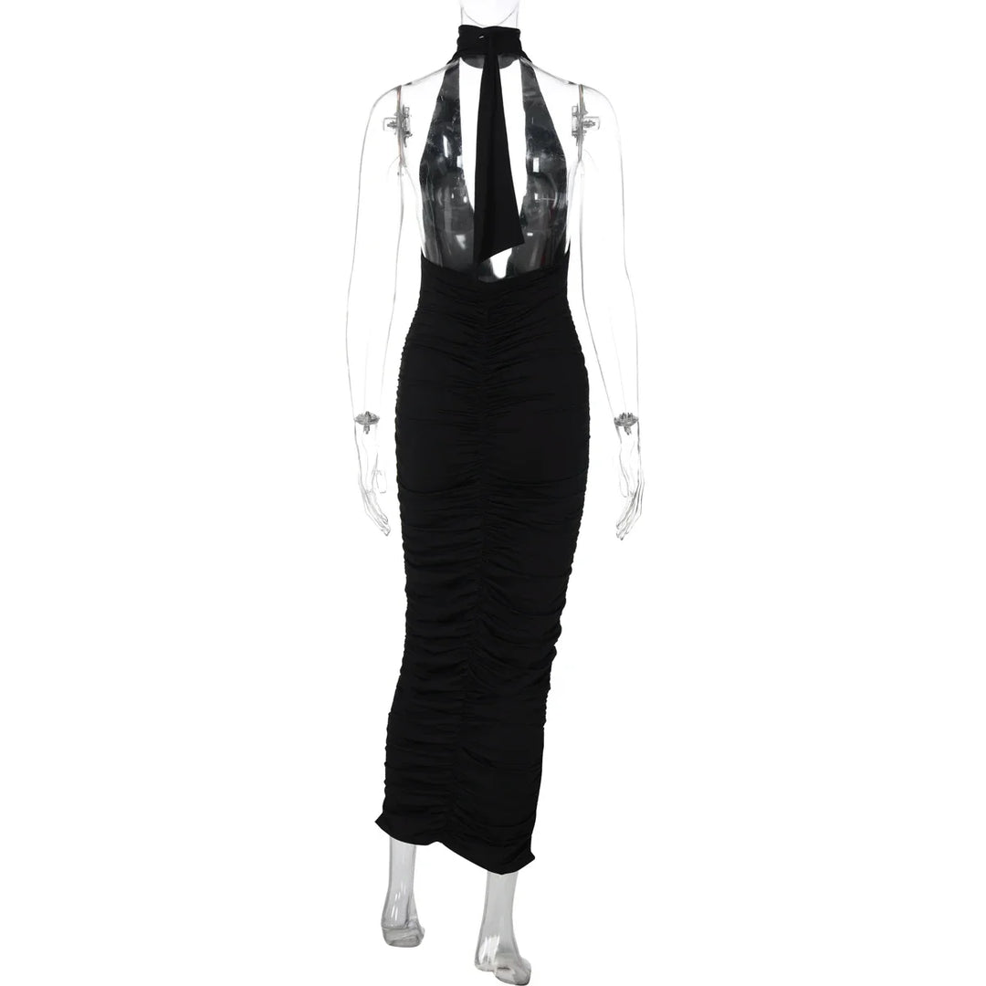 Maxi Dress with Collar, Ruching, Fitted V-Neck, Open Back - Jimena