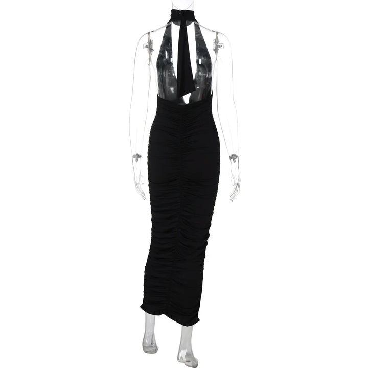 Maxi Dress with Collar, Ruching, Fitted V-Neck, Open Back - Jimena
