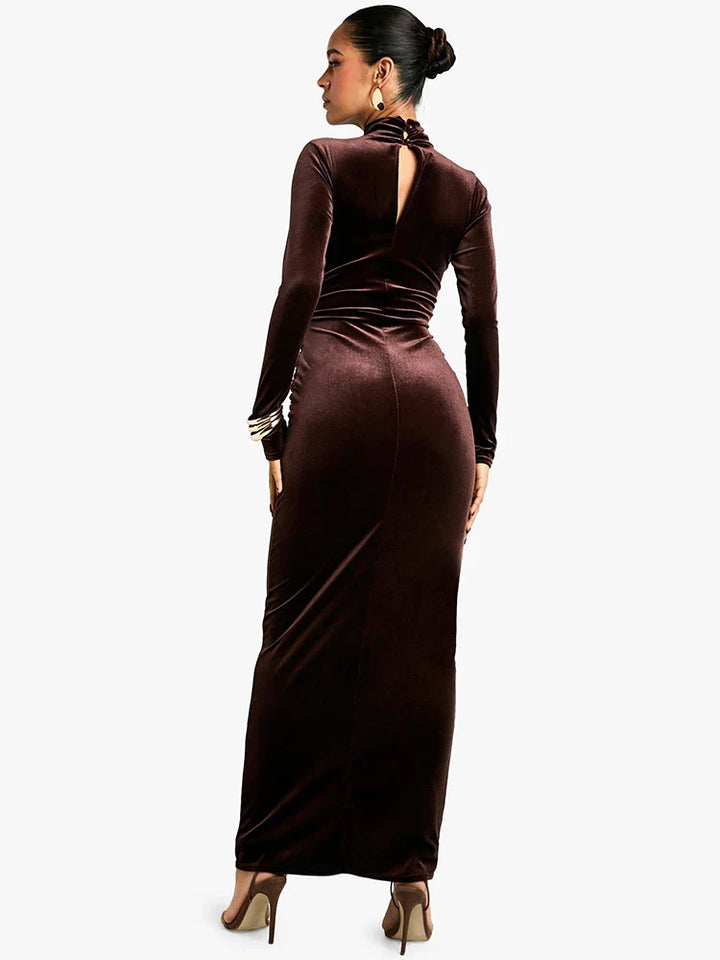 Velvet maxi dress with turtleneck and tie design - Karina