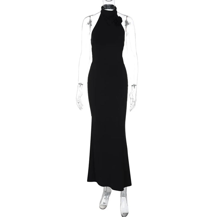 Knitted Collar Maxi Dress with Flower Decoration and Open Back - Amalia