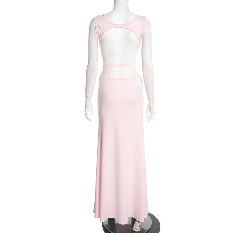 Maxi Dress with Lace and Pleats, Open Back - Lilin