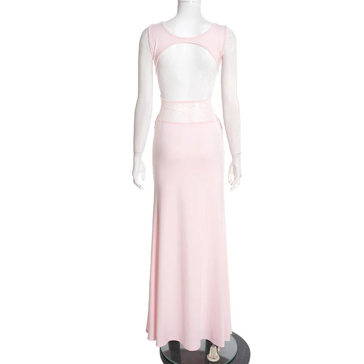 Maxi Dress with Lace and Pleats, Open Back - Lilin