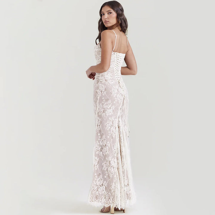 Elegant Maxi Lace Dress with Lace Sleeve Overlay - Ilia