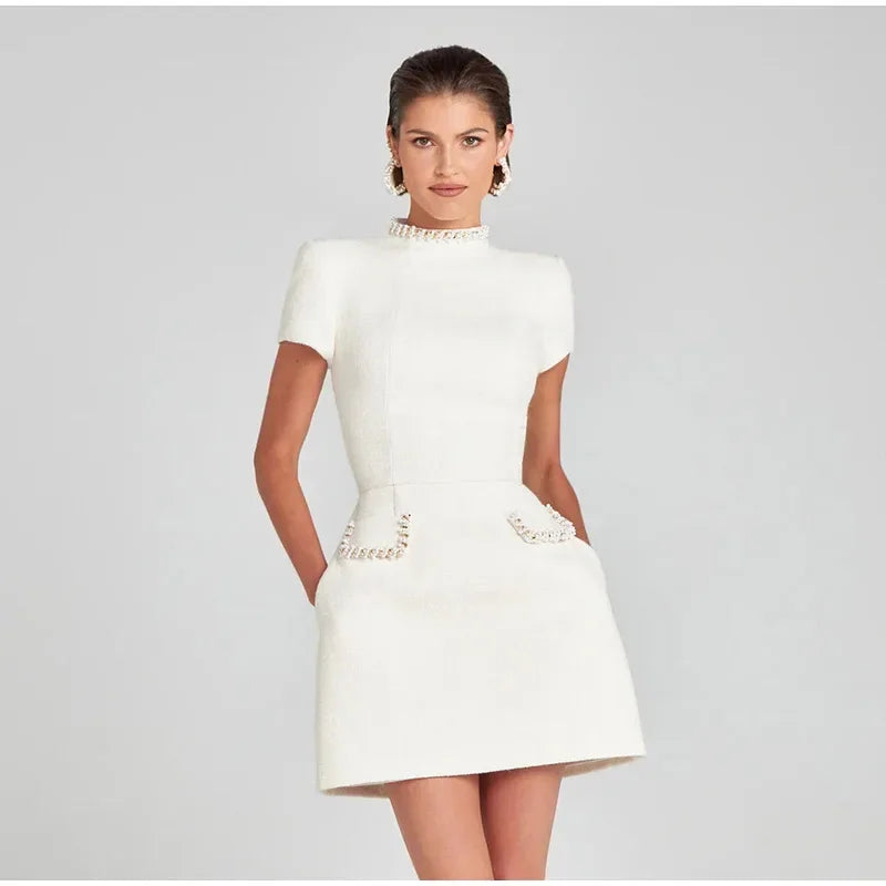 Elegant Mini Dress with Short/Long Sleeves, Tailored Style, Woven Fabric with Sequin and Pearl Embellishment - Lucia