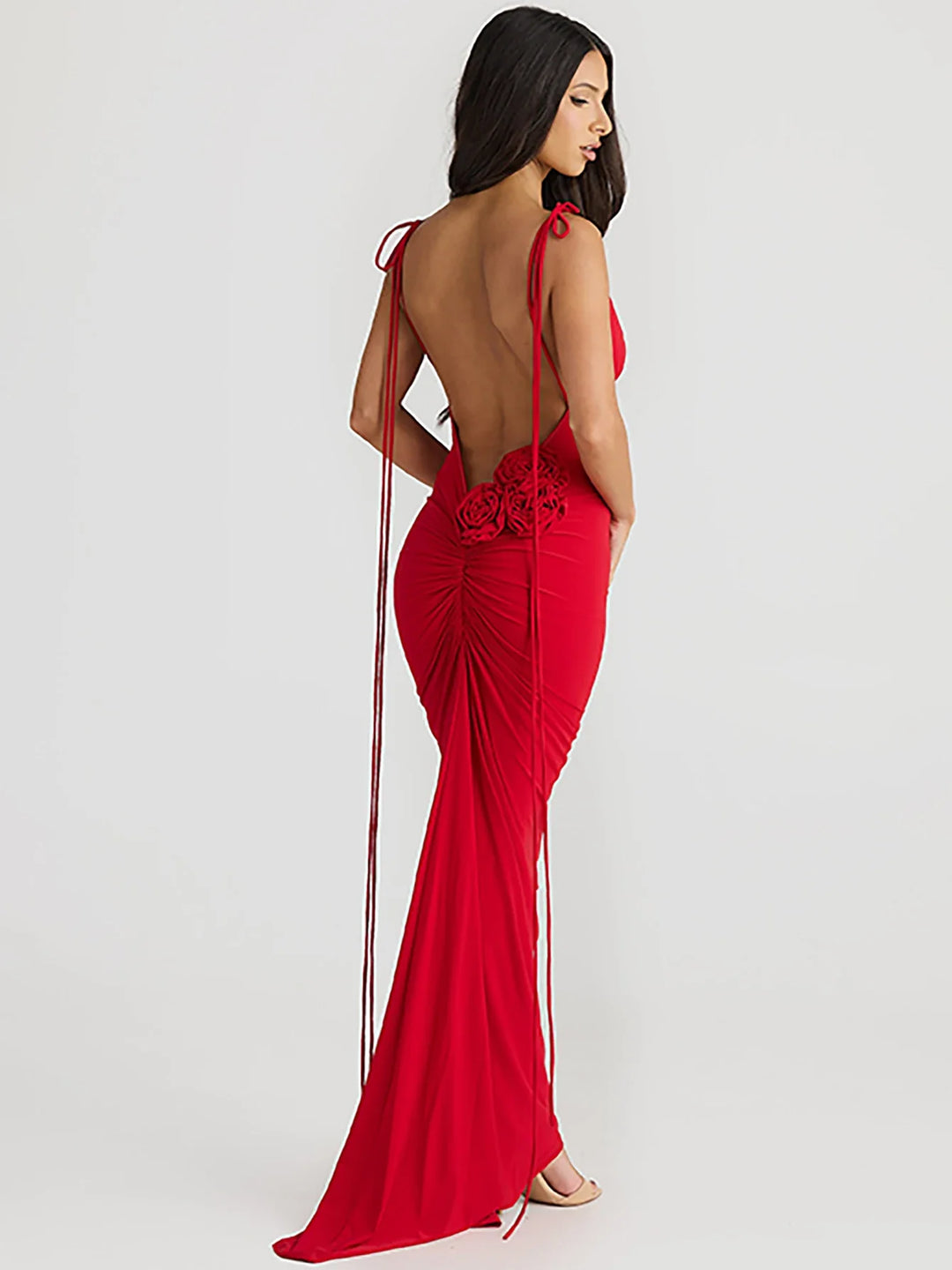Fitted Maxi Dress with Floral Applique Detail and Open Back - Mariana