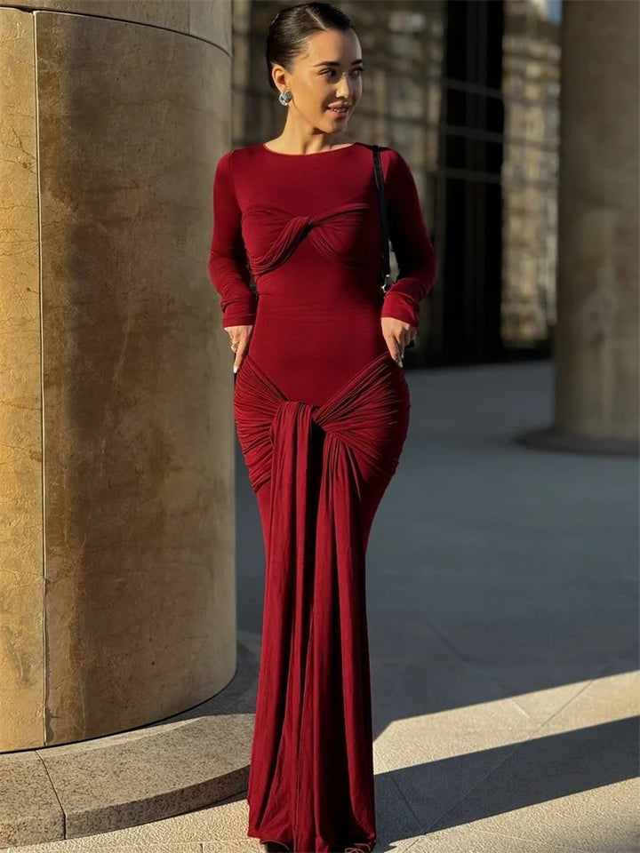 Modest Maxi Dress with Ruching and Tie Detail - Nahev