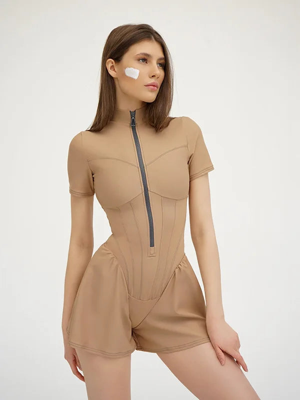 Short Sporty Jumpsuit with Corset Cut and Front Zipper Closure - Averie