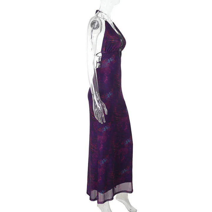 Summer mesh maxi dress with neck tie and hoop buckle details - Amaya