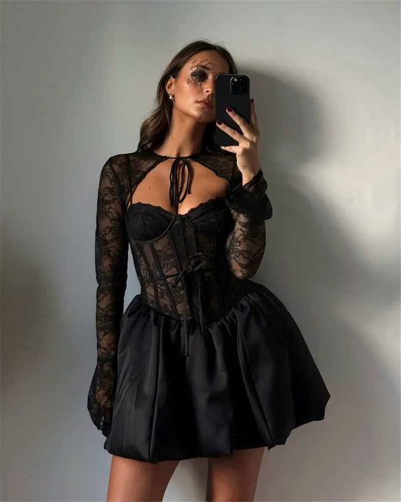 Balloon cut satin mini dress with corset design and lace cap sleeves - Miala