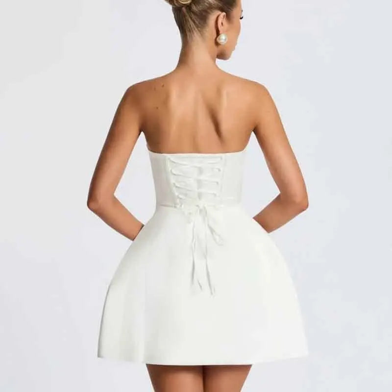 Satin mini dress in A-line cut with tie bow back detail for waist fit - Lilia