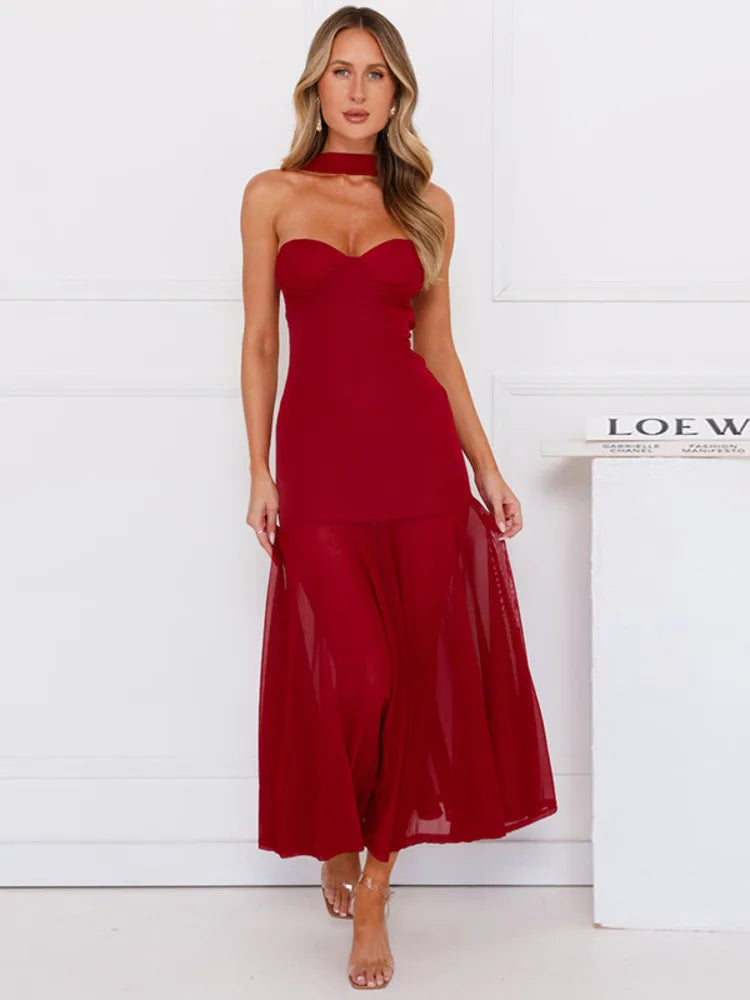 Maxi Collar Dress with Chiffon Detail and Open Back - Rachel