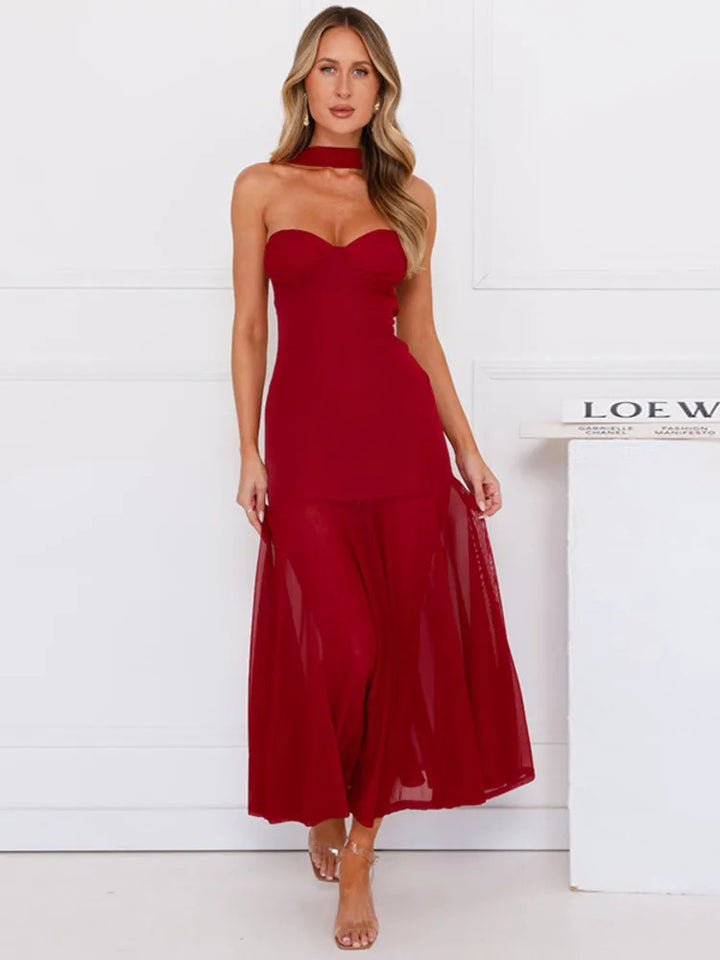 Maxi Collar Dress with Chiffon Detail and Open Back - Rachel