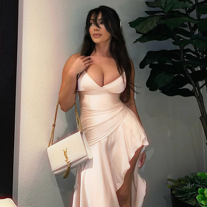 Satin Maxi Dress with Ruffle and Slit Detail - Siana