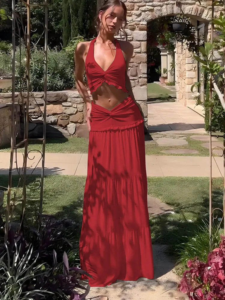 Two-piece set maxi skirt and neck tie top - Lorenza