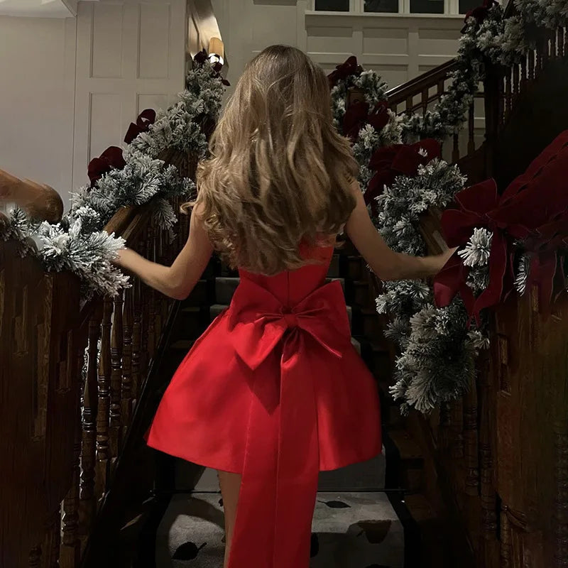 Strapless satin mini dress in A-line cut with back bow detail - Taisia