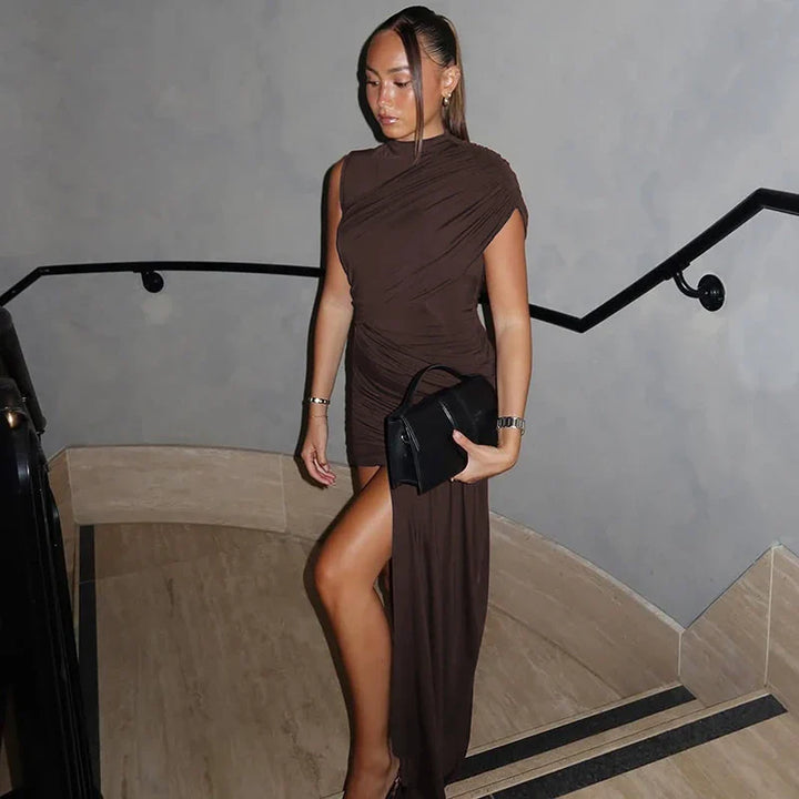 Mini dress with ruching and asymmetrical design decorated with a train - Jay