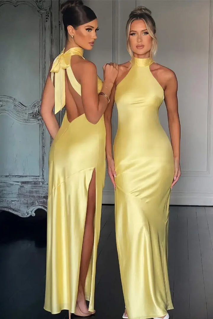 Maxi Satin Collar Dress with Slit Detail - Amari