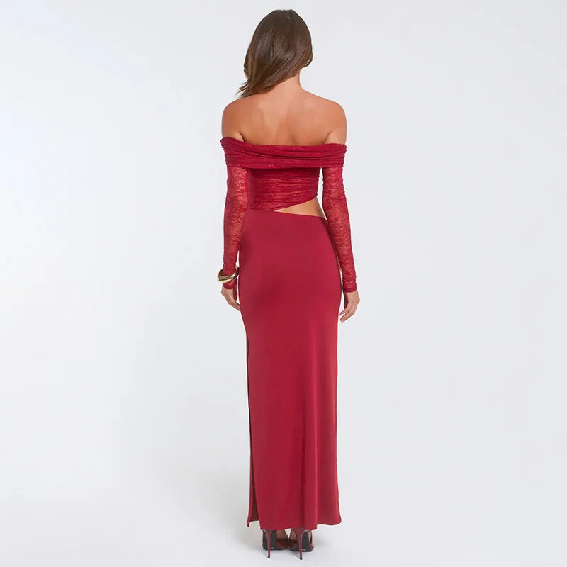 Maxi off-shoulder dress with lace and neckline design - LOLA