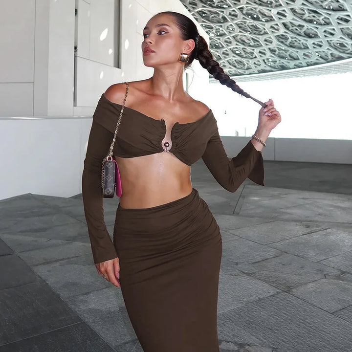 Two-Piece Set: Off-Shoulder Top with Buckle Detail and High-Waisted Maxi Skirt - Mariela