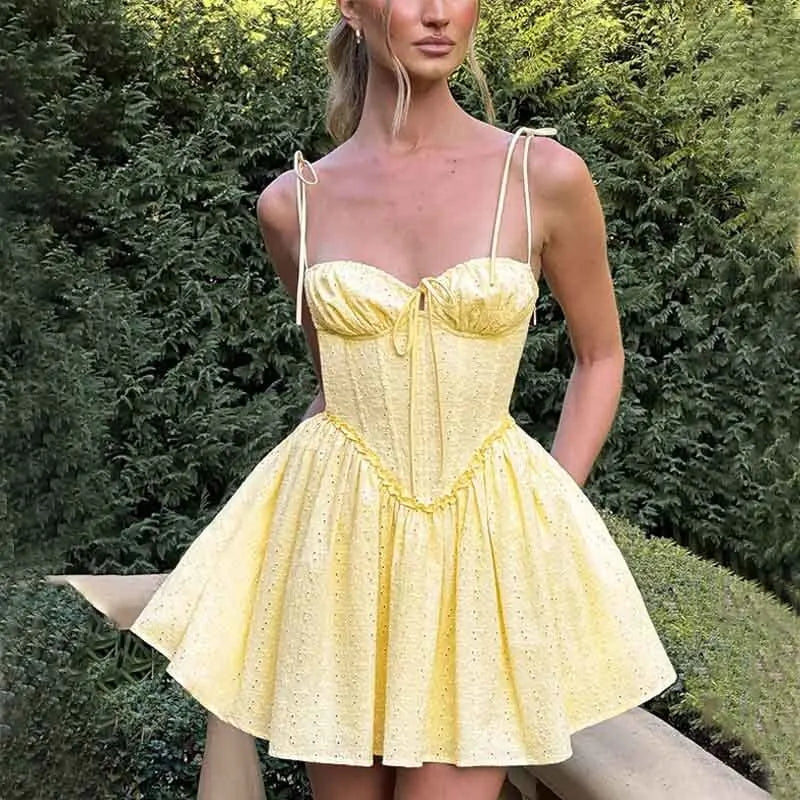 A-Line Mini Dress with Embroidery and Tie Straps - GAYA