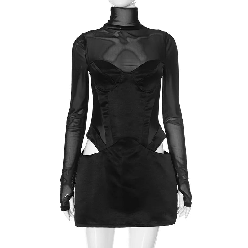 Turtleneck Satin Mini Dress with Mesh Corset and Cutouts - DIANA