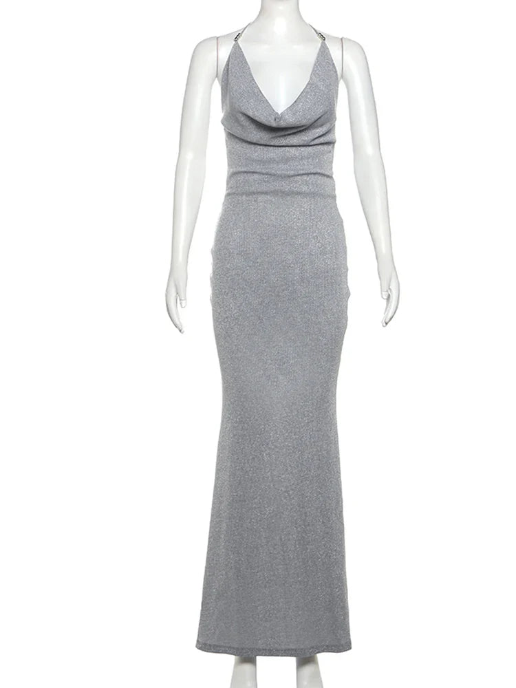 Knitted Sequin Maxi Dress with Draped Collar and Open Back - Gracie