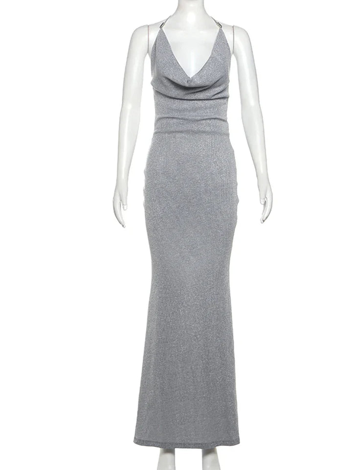 Knitted Sequin Maxi Dress with Draped Collar and Open Back - Gracie