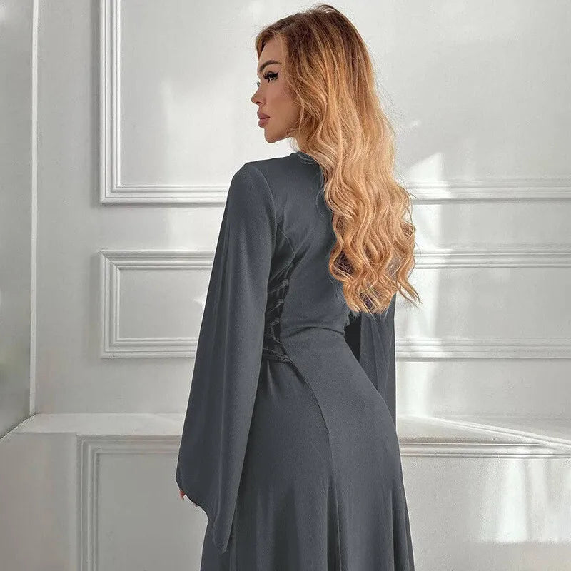 Modest knitted A-line maxi dress with waist ties - Liri