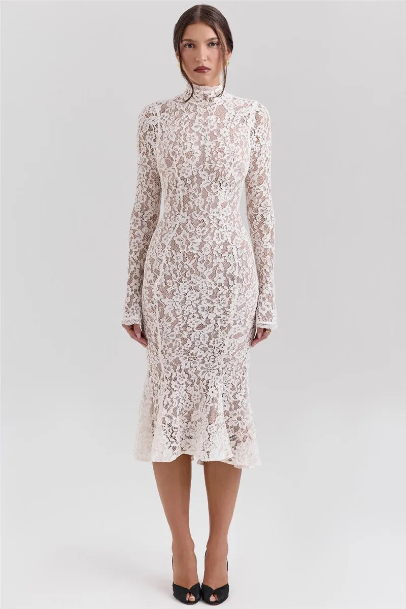 Midi lace dress with half turtleneck - Avia