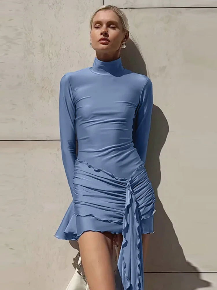Turtleneck mini dress with bell sleeves and ruffle detail - Jenna