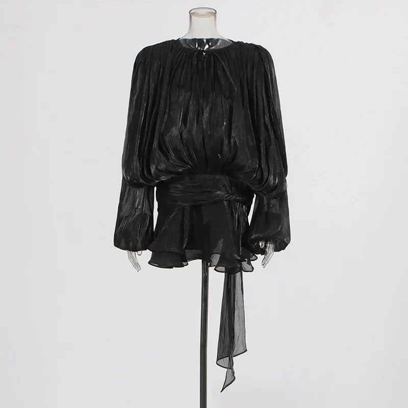 Ruched Mini Dress with Ruffle Detail, Shiny Chiffon Fabric - Lucille