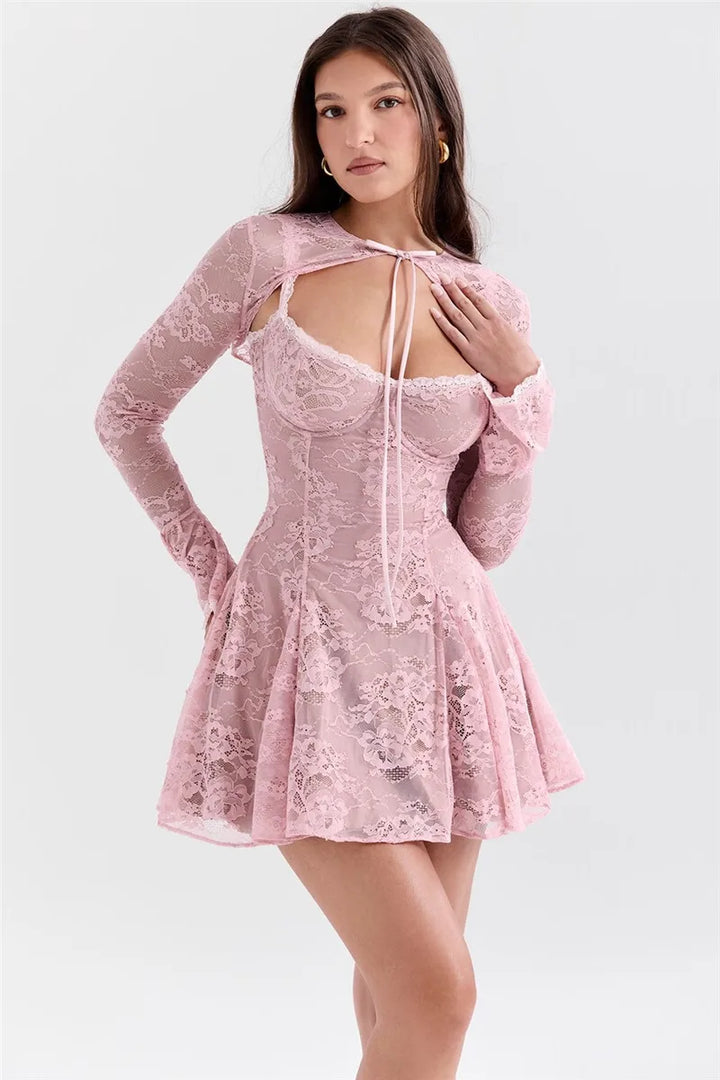 Lace Mini Dress with Overlay Sleeves and Tie Closure - Polina