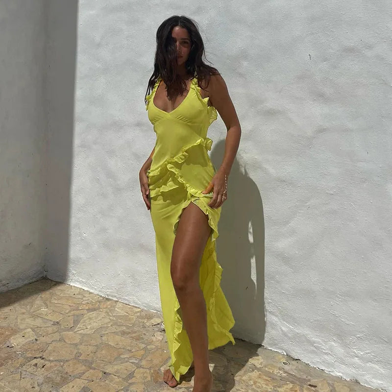 Cocktail Party Dress with Ruffle Decoration, Asymmetric Cut with Slit - Magnolia