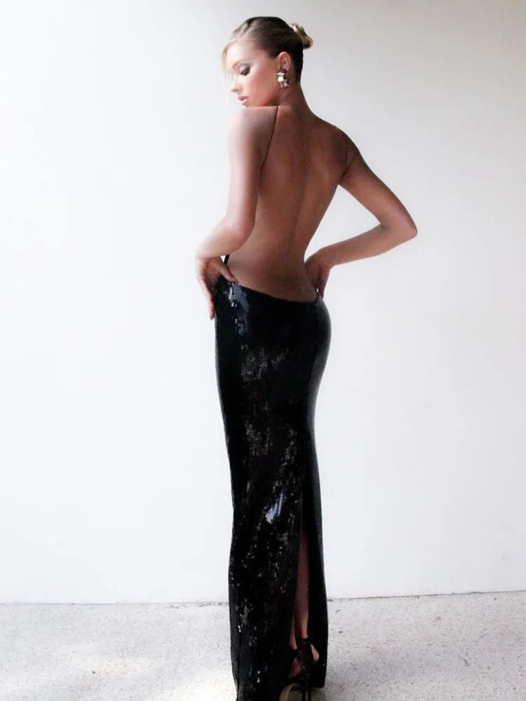 Sequin Maxi Dress with Cross Design and Open Back - Blake