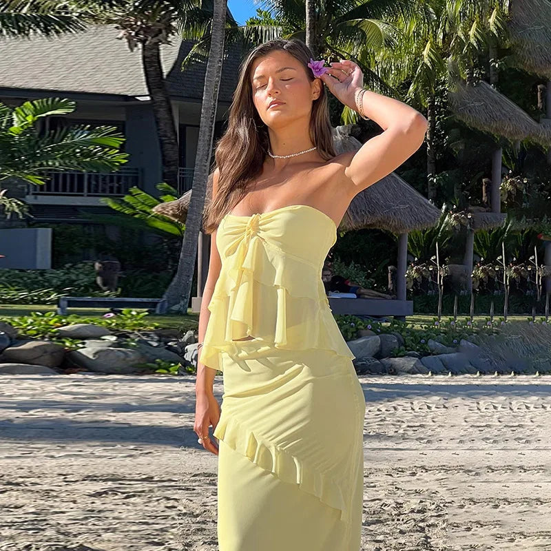 Two-Piece Set with Strapless Top and Maxi Skirt with Ruffle Detail - Sunny