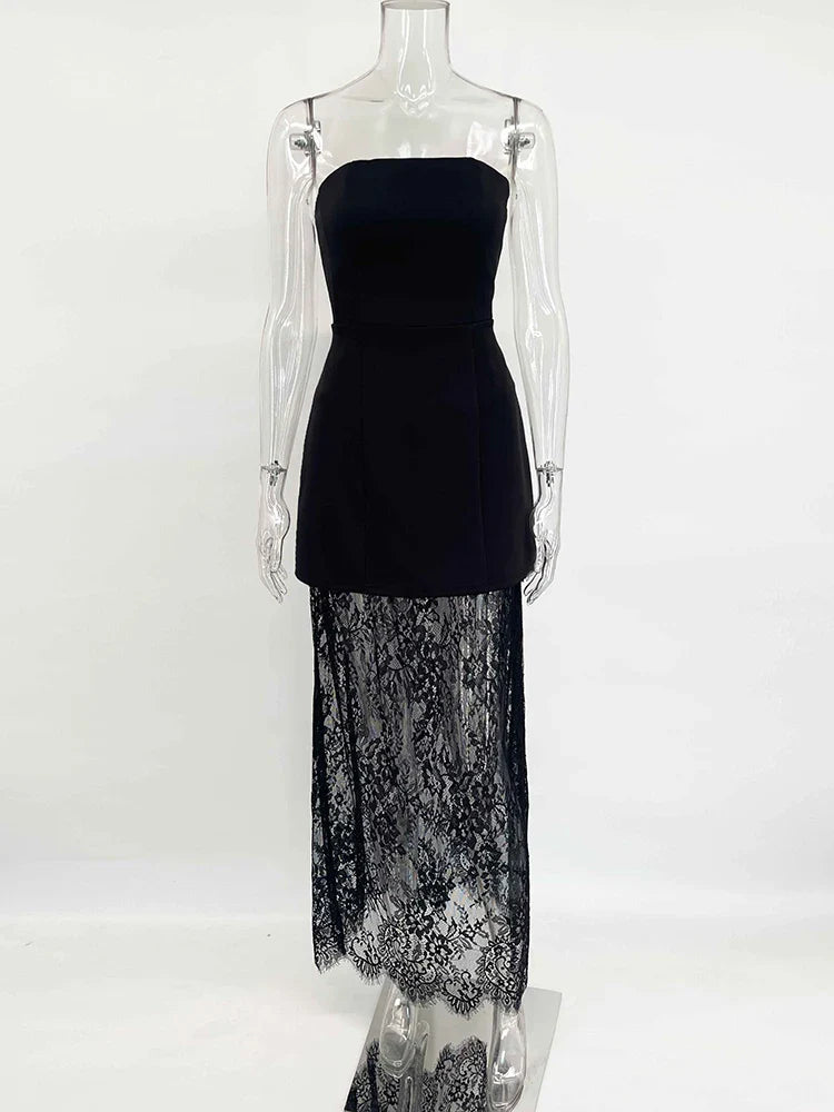 Elegant two-piece set strapless top and maxi lace skirt - Juline