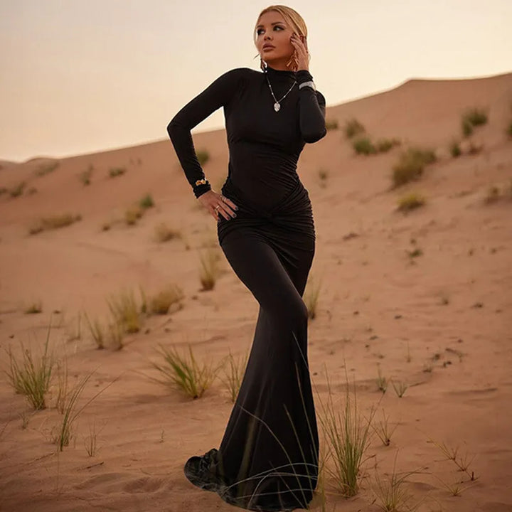 Turtleneck open-back maxi dress with ruching decoration - Ilayil