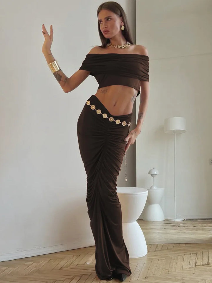 סט בעיצוב כיווצים חצאית מקסי וטופ כתפיים חשופות - מאור