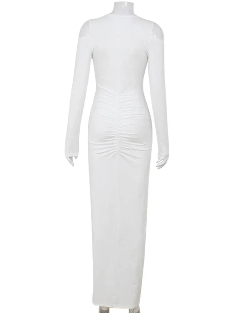 Maxi Dress with Ruching, V-Neckline, Slit, and Off-Shoulder Design - Sylvia