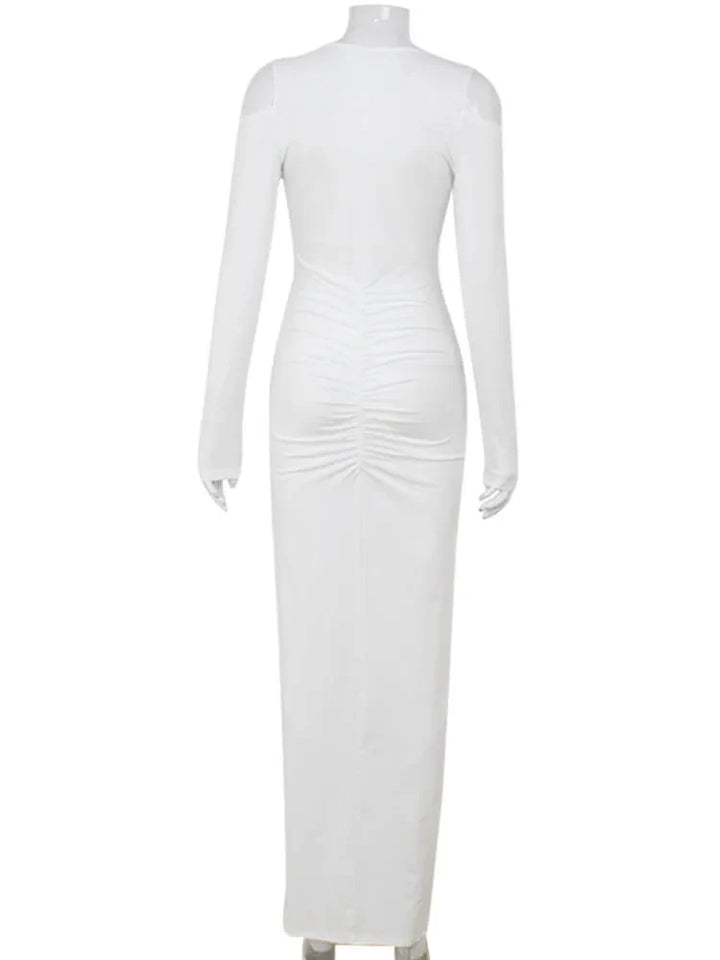 Maxi Dress with Ruching, V-Neckline, Slit, and Off-Shoulder Design - Sylvia
