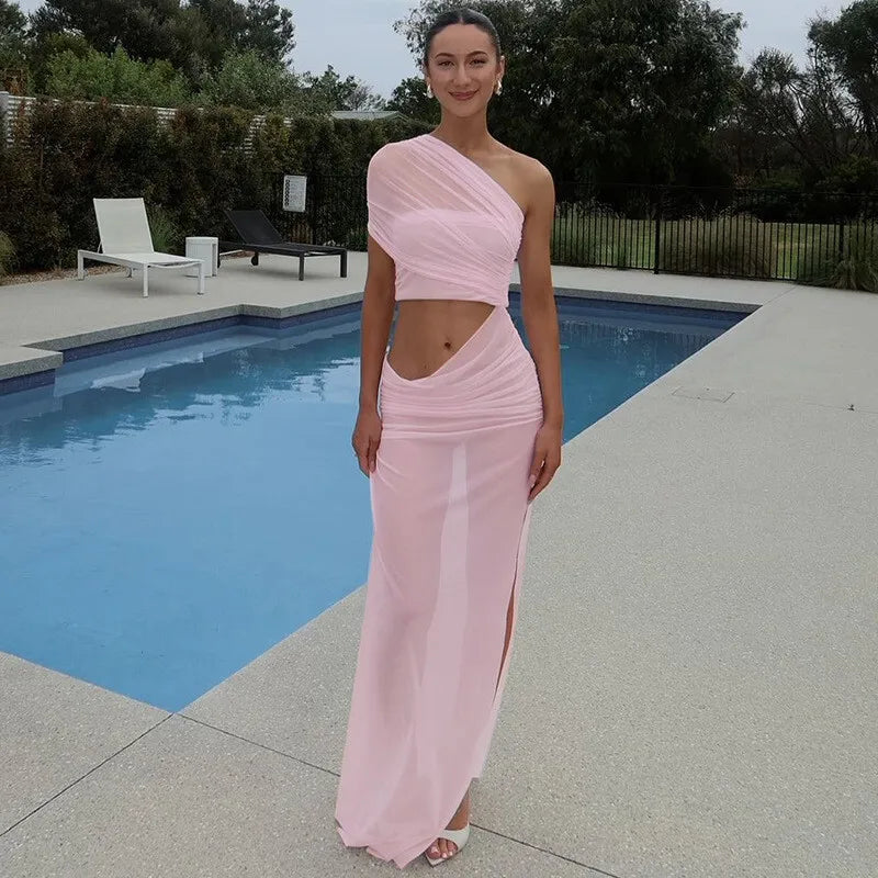 Asymmetric Chiffon Maxi Dress with Slit - Shi Lin