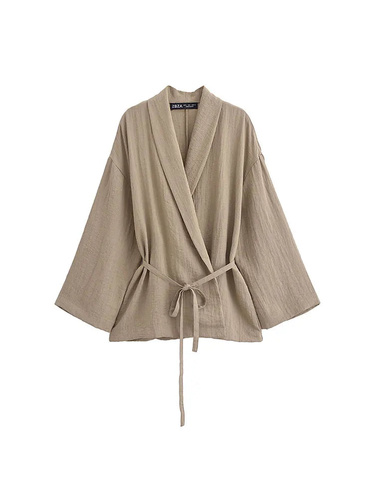 Two-Piece Linen Suit with Tie Shirt and Long Pants - Ava