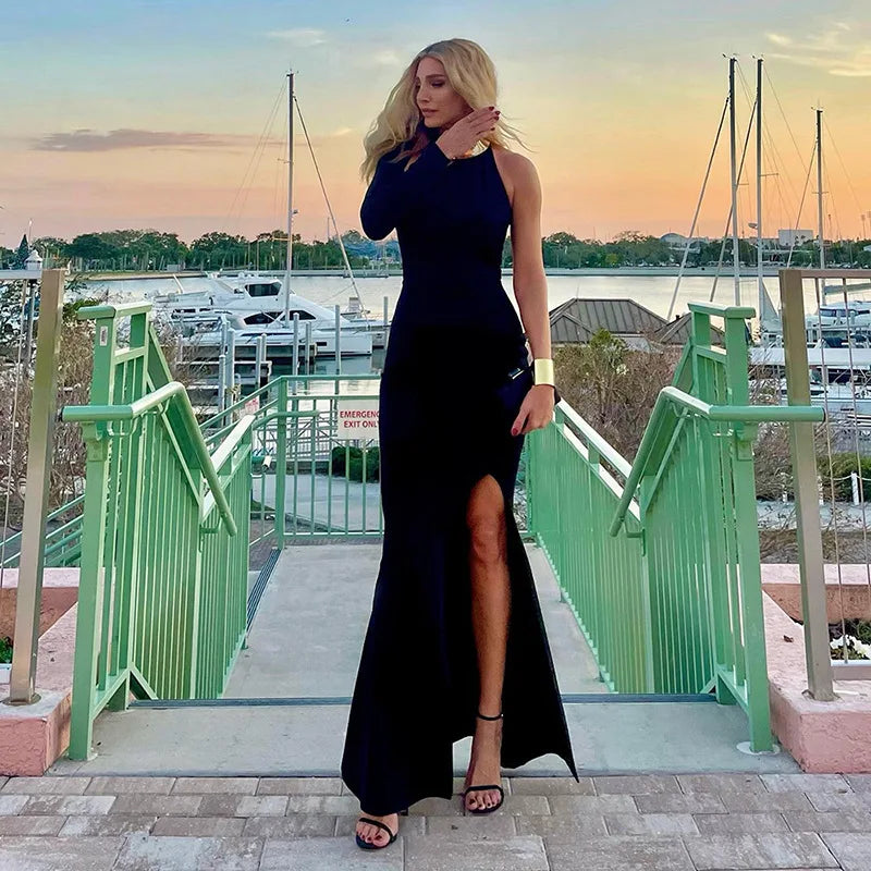 Asymmetric maxi evening dress with deep slit and one sleeve - Eva