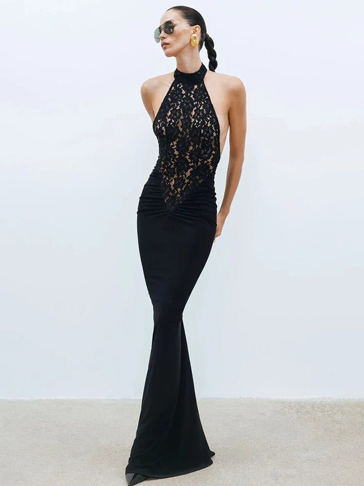 Maxi Dress with Collar, Lace Design, Sheer Hem, and Open Back - Eliza