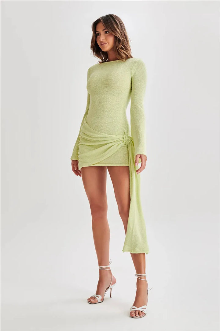 Knitted mini dress with flower and train design and open back - Malia