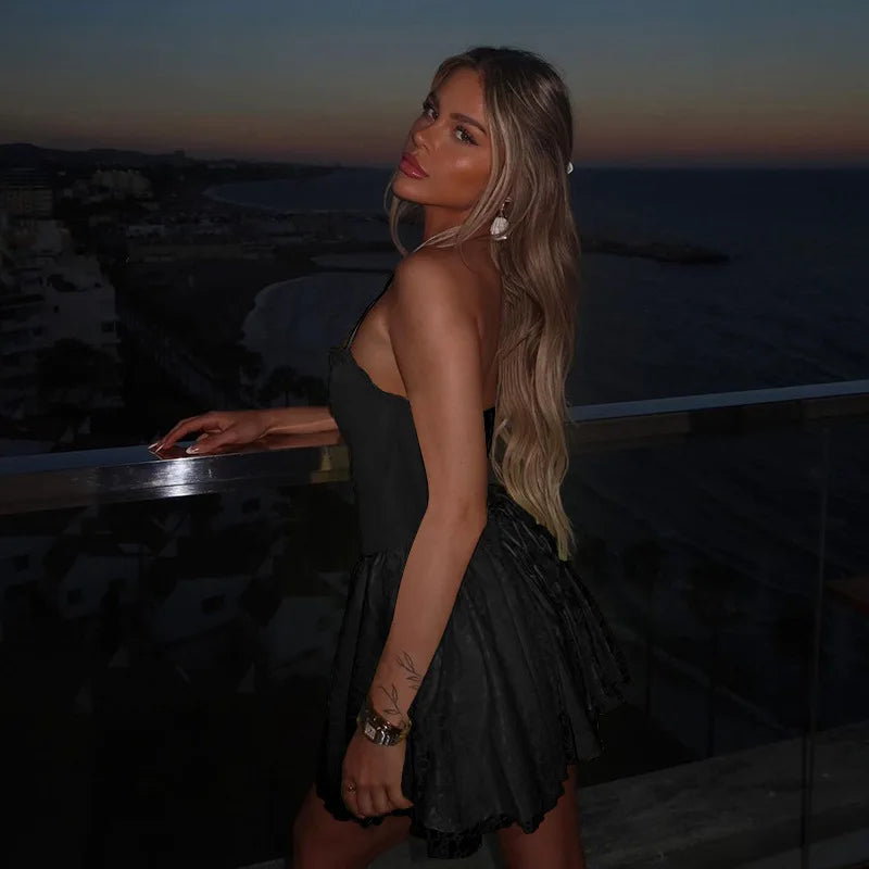 A-Line Lace Mini Dress with Neck Tie - El