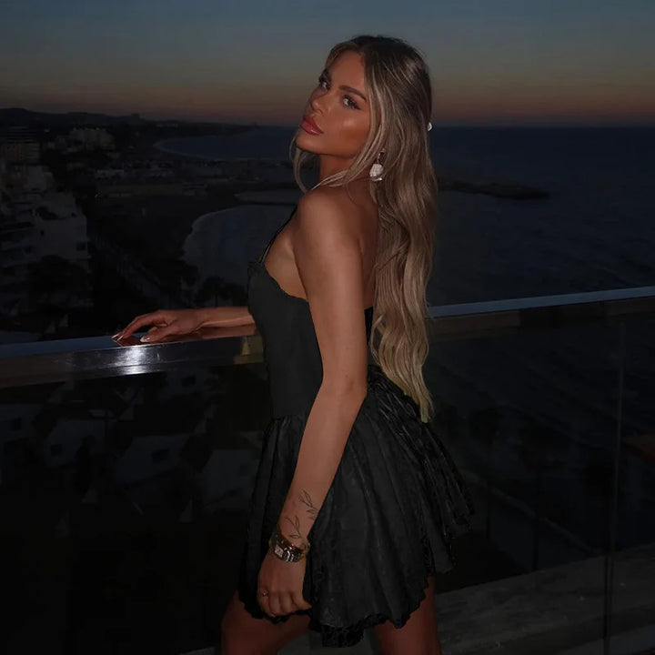 A-Line Lace Mini Dress with Neck Tie - El