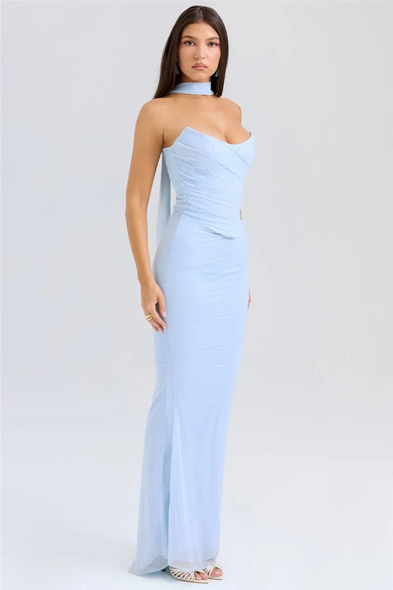 Two-Piece Set with Strapless Top and Maxi Skirt with Matching Scarf Detail - Francia