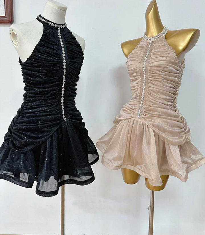 Chiffon Pleated Ruffled Mini Dress with Diamond and Sequin Decoration - Yava