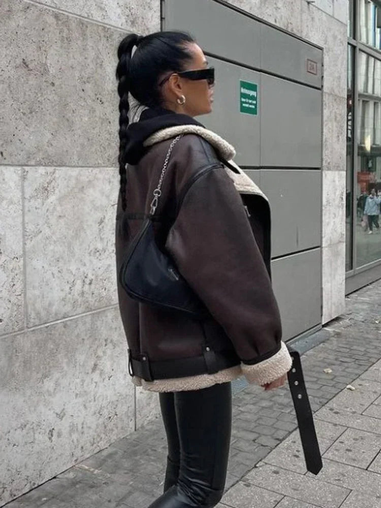 Oversized Leather Coat with Fur Lining - Kaya